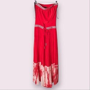 Gypsy O5 Strapless Red Silk Tie Dye Embroidered Elastic Tie Waist Maxi Dress L